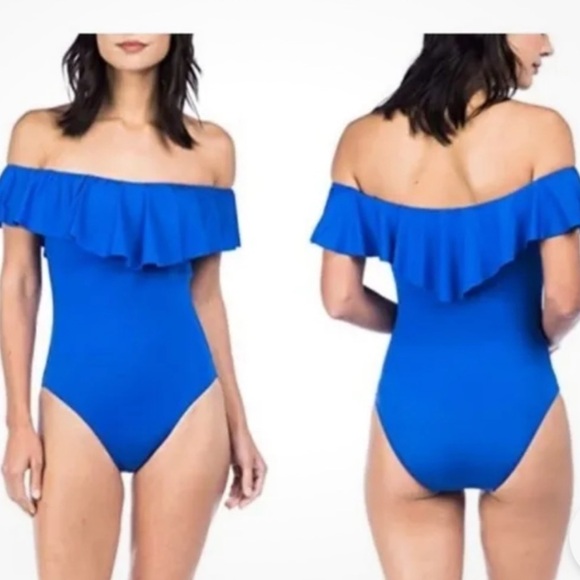Trina Turk Monaco Solid Blue Off Shoulder Ruffle One Piece Swimsuit size 6 - Picture 4 of 4